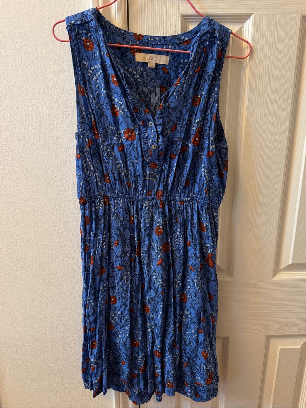 LOFT Blue Floral V-Neck Sleeveless Midi Dress with Red Accents